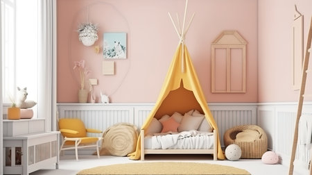 Mockup frame in children bedroom with wicker furniture. Generative Aiの素材