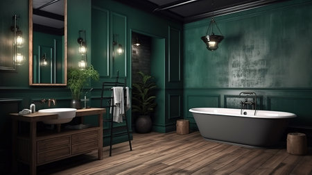 Dark green rustic bathroom, 3d render. Generative Aiの素材