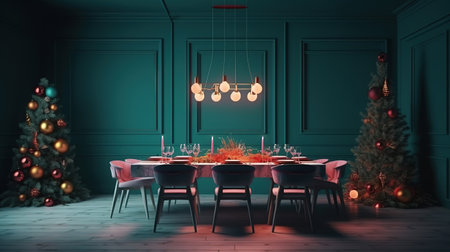 Christmas eve dinner with decorated table and hanging Xmas tree. Generative Aiの素材