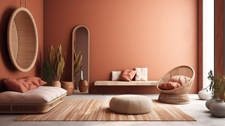 Wall mockup in office interior background, boho style. Generative Aiの素材