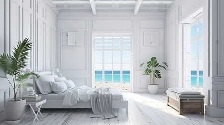 White tropical bedroom interior, Coastal style, 3d render, Bright color. Generative Aiの素材