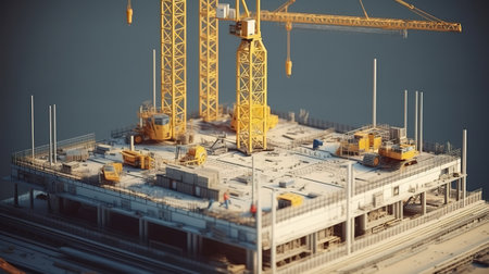 Foundation under construction with crane, on top of blueprints, Bright color. Generative Aiの素材