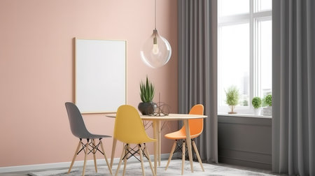 Mock up poster frame, dining room , Scandinavian style, 3D render, Bright color. Generative Aiの素材
