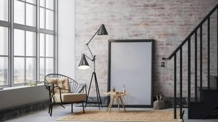 Mockup poster frame in living room loft in industrial style. Generative Aiの素材