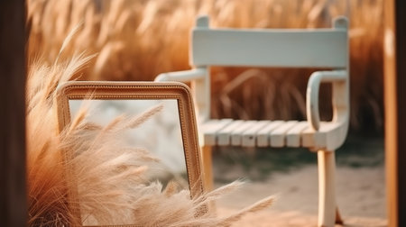 Frame mock up close up near bench and pampas grass in wicker handbag. Generative Aiの素材