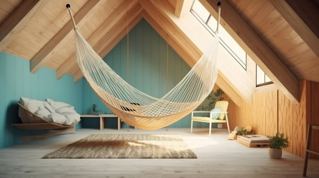 Attic interior design idea with hammock. Generative Aiの素材