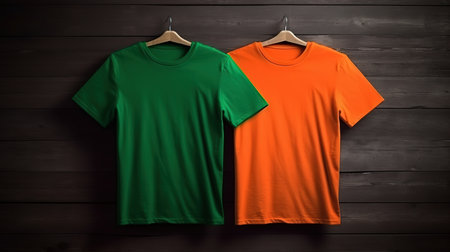 Mock-up t-shirt on dark wood background, Bright color. Generative Aiの素材