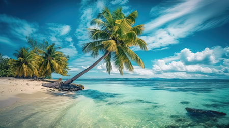 3d render of a tropical landscape with palm trees and blue sea. Generative Aiの素材