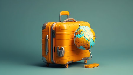 Old suitcase with stickers globe and passports with boarding pass tickets. Generative Aiの素材