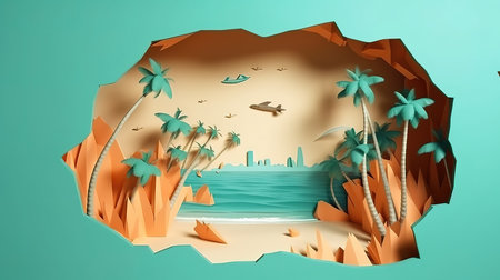 Tropical island with palm and yacht through torn hole in paper. Generative Aiの素材