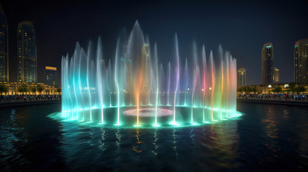 Dubai Fountain Water Show at night and Dubai skyline view. Generative Aiの素材