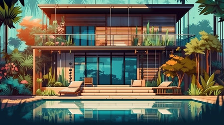 Beach house interior showing tropical pool . Generative Aiの素材
