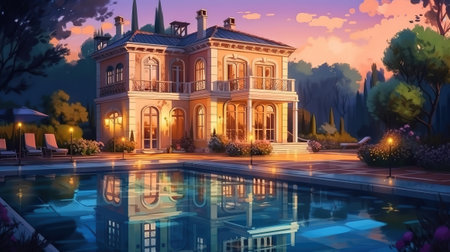 Luxury home, Expensive private villa, Swimming pool. Generative Aiの素材