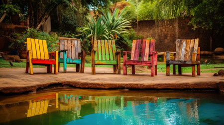 Umbrella and chair around outdoor swimming pool neary sea in hotel resort. Generative Aiの素材