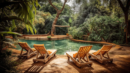 Umbrella and chair around swimming pool. Generative Aiの素材