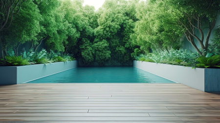 Modern style swimmimg pool terrace with blank wall for copy space 3d render. Generative Aiの素材