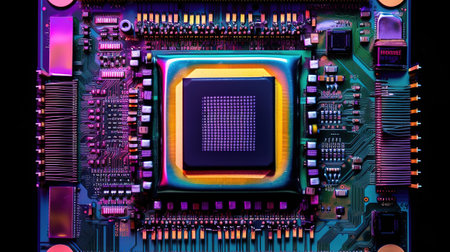 Red themed motherboard with processor socketn. Generative Aiの素材