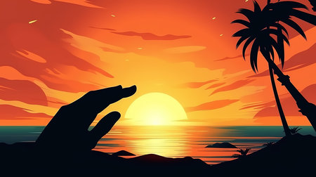 Child silhouette making frame of sunset. Generative Aiの素材