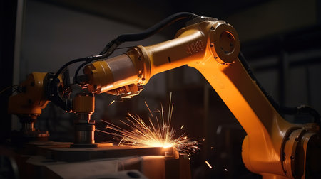 Industrial robots are welding assembly automotive part in car factory. Generative Aiの素材
