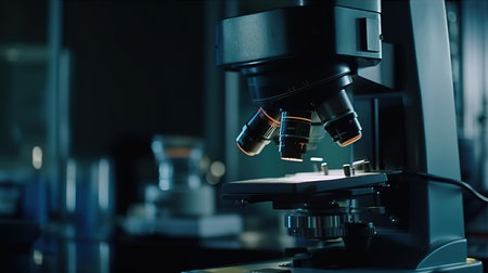 Professional microscope in laboratory, science equipment and medical tools. Generative Aiの素材