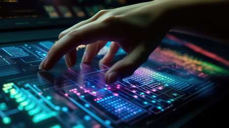 Close-up of hand touching computer screen with binary code. Generative Aiの素材