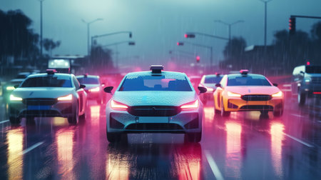 Self driving autonomous car driving in bad weather. Generative Aiの素材