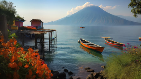 Volcano San Pedro and Volcano Atitlan in Background. Generative Aiの素材