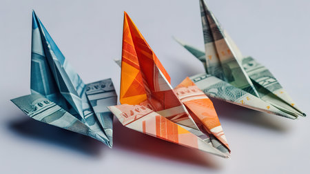 Awesome Paper planes made from different currencies. Generative Aiの素材