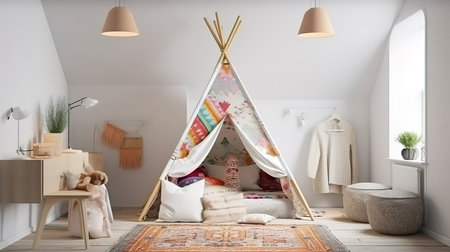 Children room interior scandinavian style with mock up frame. Generative Aiの素材