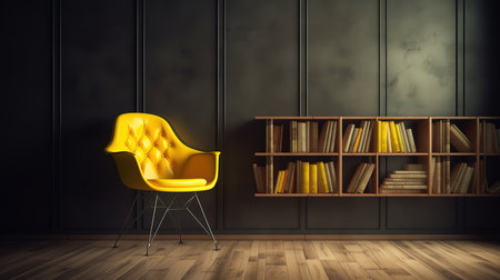 Stylish retro yellow chair in the gray room. brick gray wall. Generative Aiの素材