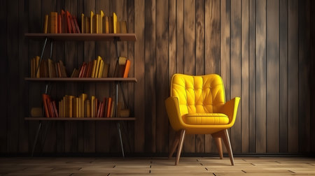 Yellow chair with books on empty dark wooden wall background. Generative Aiの素材