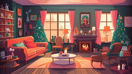 living room with a Christmas tree at night. Generative Aiの素材