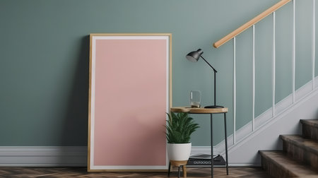 3d mock up of a blank picture on a wooden table against a brick wall. Generative Aiの素材