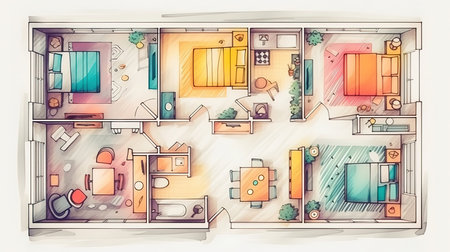 Line drawing apartment floor plan on a white background. Generative Aiの素材