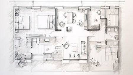 Line drawing apartment floor plan on a white background. Generative Aiの素材