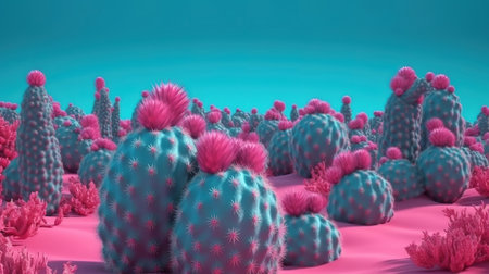 Unusual Blue Cactus Field On Pink Background, Bright color. Generative Aiの素材