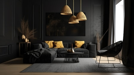 Black living room interior, Scandinavian style, 3d render. Generative Aiの素材