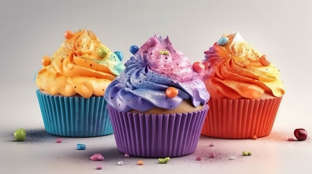 Colourful cupcakes on light background, Bright color. Generative Aiの素材