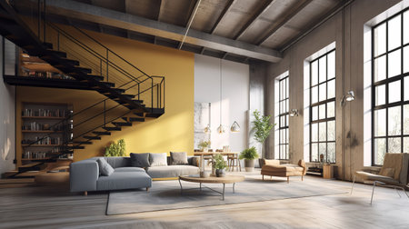 Panorama of loft apartment interior, living room 3d rendering, Bright color. Generative Aiの素材