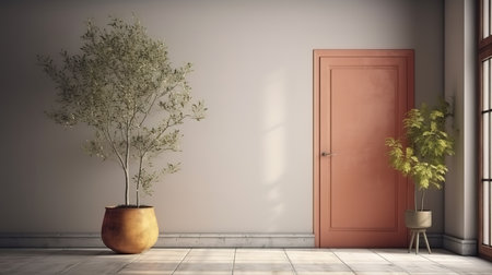 Fireplace interior with palm tree white door and brick wall. Generative Aiの素材