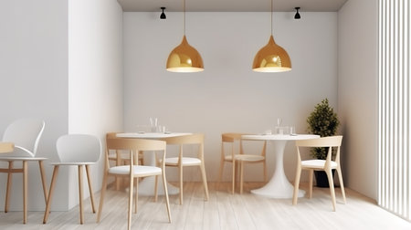 Interior design with wooden round table and chairs, Modern dining room with white wall. Generative Aiの素材
