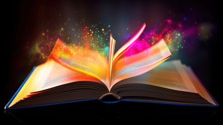 Open book with blank sheets and shining magic sparks. Generative Aiの素材