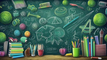 Green school teacherâs chalkboard background with doodle and blank copyspace. Generative Aiの素材