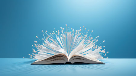 Book open sheets fanned out on a blue background. Generative Aiの素材