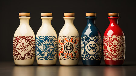 Two bottles of wine and a bowl on a table. Generative Aiの素材