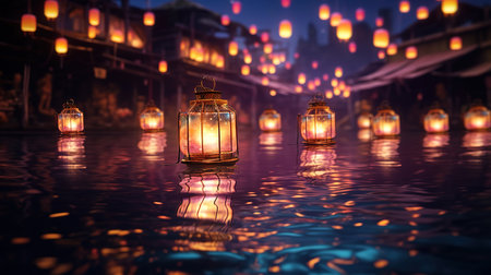Oriental lanterns flying over the water reflection of neon lights in water. Generative Aiの素材