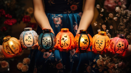 Holding oriental style lanterns hang on tree. Generative Aiの素材
