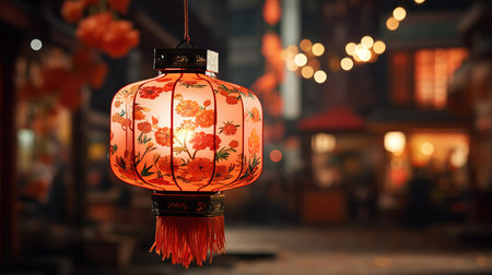 A lantern with a flower on it and a tree with leaves on the background. Generative Aiの素材