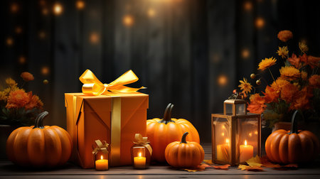 A gift box with a pumpkin and a gift box with a red background. Generative Aiの素材
