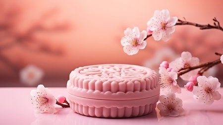Mooncake on light pink background with pink flower, concept moon cake. Generative Aiの素材